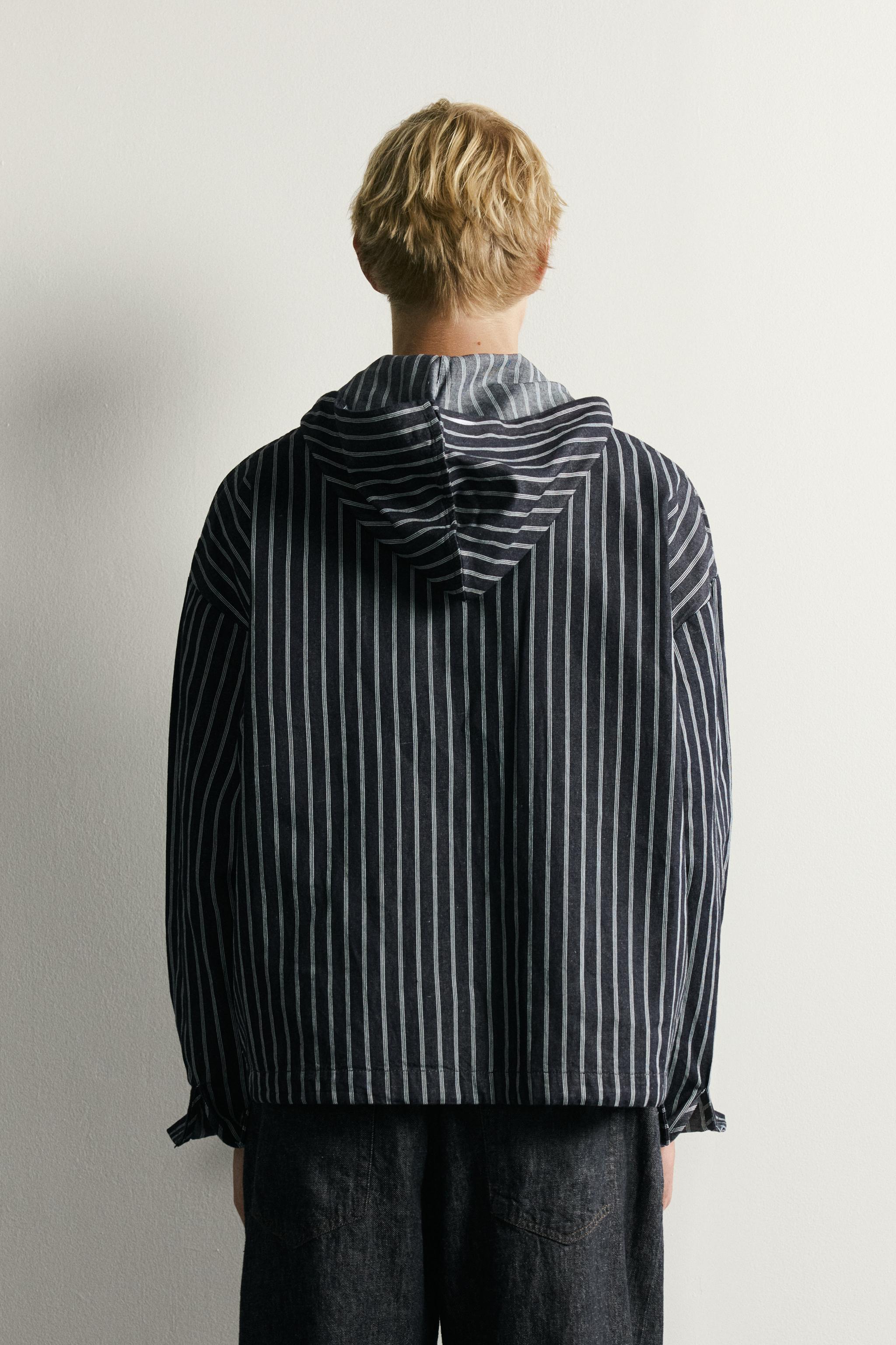 STRIPED COTTON-LINEN HOODIE OVERSHIRT